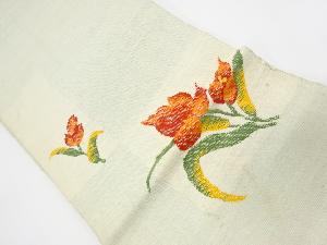 アンティーク　手織り紬色紙に草花模様織出し名古屋帯